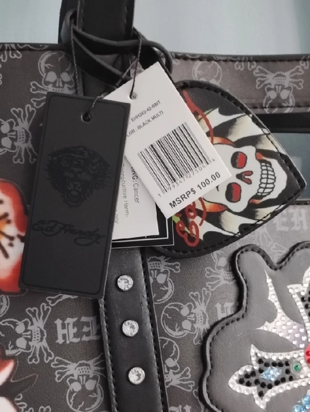 Ed Hardy Black Floral Tote with Cross Patch and Orange Script - Picture 2 of 6